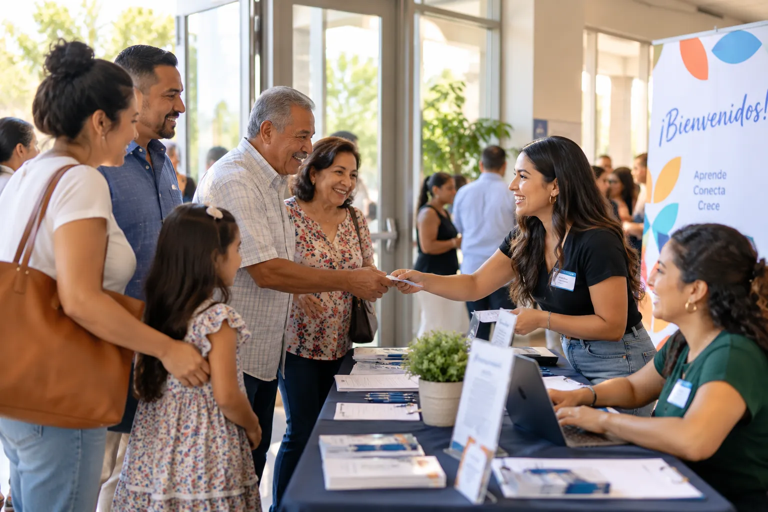 Families greeted at a bilingual event check-in table under a Bienvenidos banner