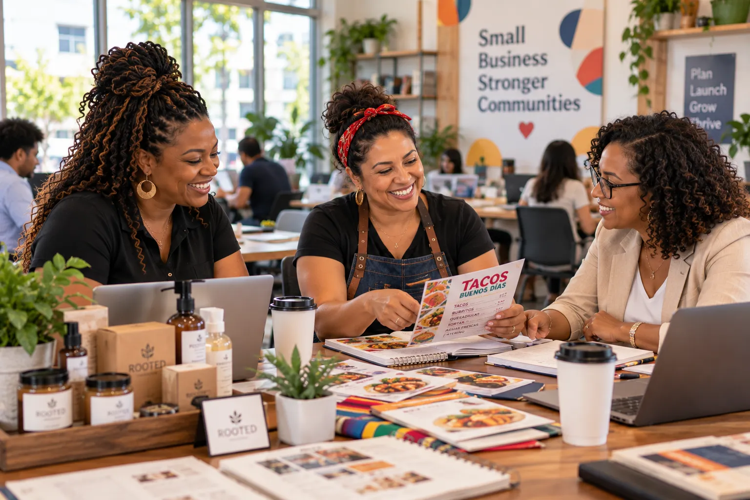 Three small business owners collaborating over menus, product samples and laptops